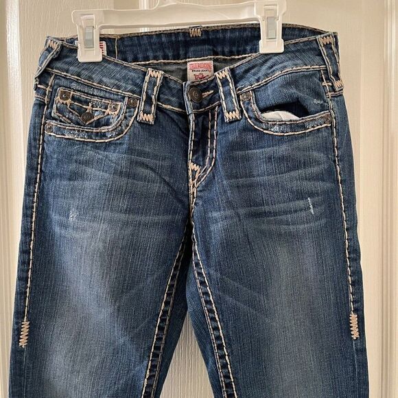 True Religion Billy Super T Jeans Think Tan Stitching USA Y2K Women's Size 27 - Picture 3 of 16